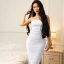GOKATOSAU Women's Summer Strapless Mesh Bodycon Split Ruched Midi Party Dress White (White, S)