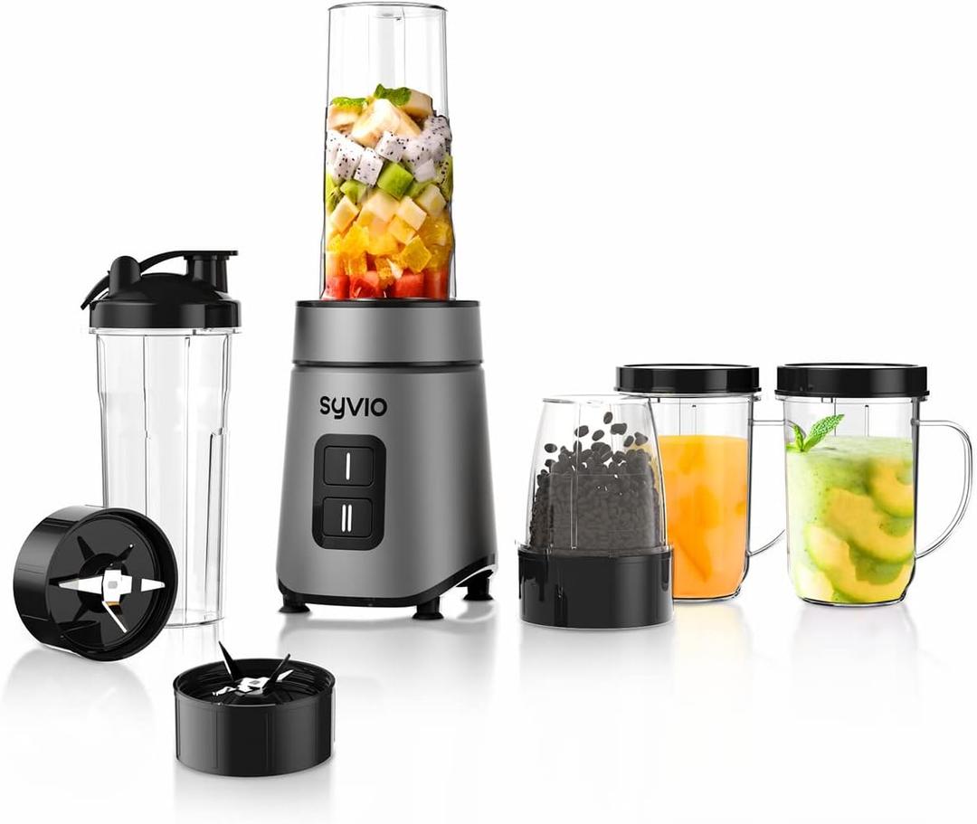 Syvio Personal Blender for Shakes & Smoothies, 600W - 2 BPA-Free 20 Oz Sport Cups, 2 Party Mugs, Easy to Clean