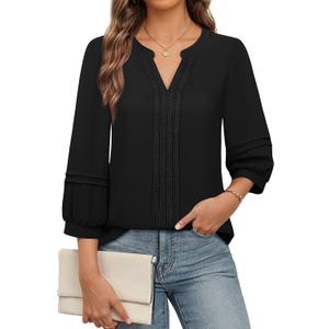 Unixseque Womens Casual Blouses 3/4 Sleeve V Neck Business Tops Ladies Trendy Office Work Shirts (Medium, Black)