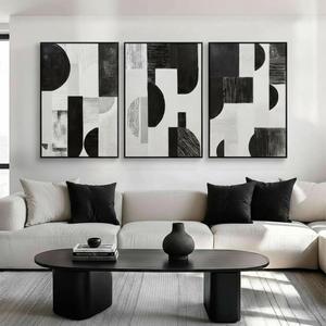 Zessonic Abstract Black White and Grey Wall Art Framed Geometry Canvas Print Modern Contemporary Edgy Blocks Artwork for Living Room, Bedroom, Office Decor - Set of 3, 24x36 Inch (Ready to Hang)