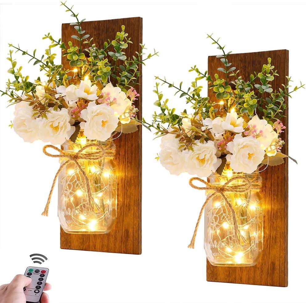 Rustic Wall Sconces Mason Jar Sconces Handmade Wall Art Hanging Design with Remote Control LED Fairy Lights and White Peony,Christmas Decor Gift Farmhouse Wall Home Decor Living Room Lights Set of Two (Peony+brown Board)