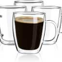 YUNCANG Double Wall Coffee Mugs, (4-Pcak) 16 Ounces-Clear Glass with Handle, lnsulated, Cappuccino, Tea, Latte Cups, Beverage Glasses Heat Resistant