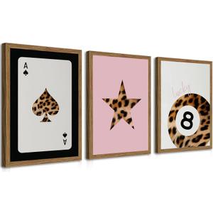 Pink and Black Leopard Wall Art, Lucky Girl 8 Ball Wall Decor Set of 3 Cheetah Lucky Star Poster Canvas Prints, Coquette Modern Teen Pictures for Bedroom Living Room 16x24 Inch Framed