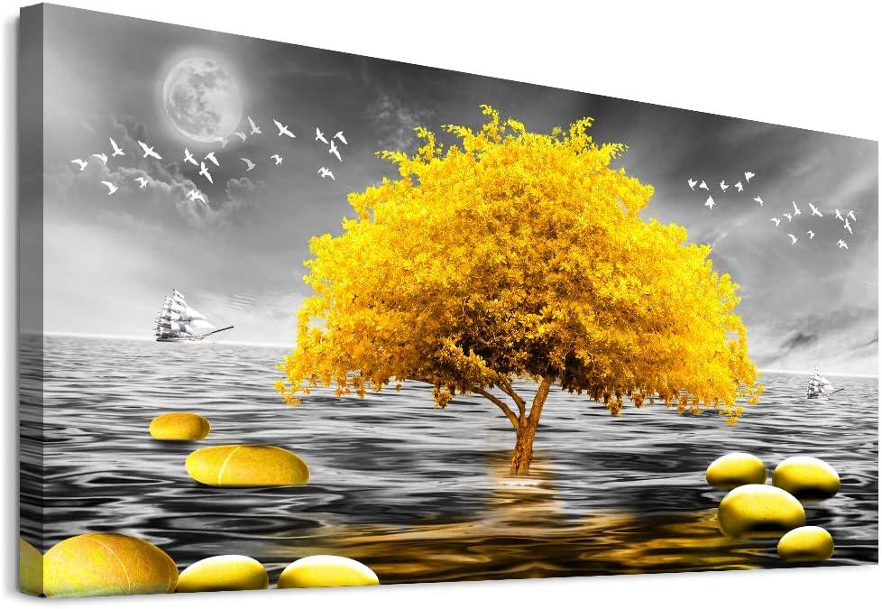 Wall Decorations For Living Room Large Size Canvas Wall Art For Bedroom Modern Office Wall Decor Canvas Art Black and white view Yellow Tree Painting Pictures Artwork for Walls Bathroom Home Decor (40L" x 20W")
