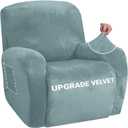 ZNSAYOTX Stretch Velvet Recliner Cover 4-Pieces, Thick Soft Recliner Chair Slipcover with Pocket, Non-Slip Elastic Bottom for Kids Pets, Luxury Plush Reclining Protector Comfy Washable (Stone Blue) (Large)
