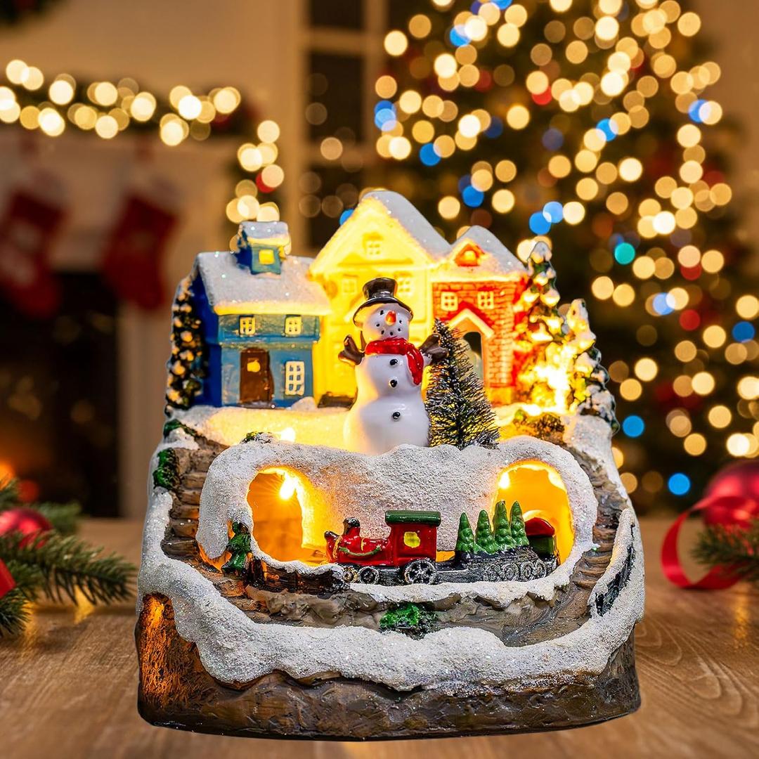 Animated Musical Christmas Snowman Village Houses with Rotating Train, Lighted Christmas Village Collection Figurines for Home Tabletop Decorations Ornaments Gifts