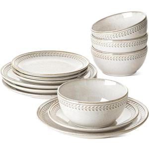 LE TAUCI Dinnerware Sets for 4, 12 Piece Ceramic Dish Set with Plates and Bowls | Oven/Dishwasher/Microwave Safe | Ideal for Housewarming | Reactive Beige (10" Plate+8" Dish+27oz Bowl)