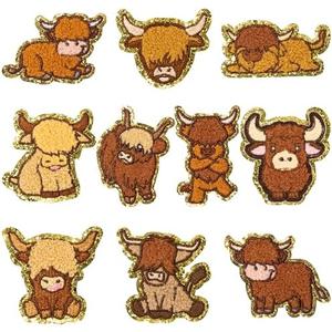 20Pcs Highland Cow Chenille Iron on Patches, Kids Iron on Knee Patches Cartoon Animal Repair Patches Kit Cow Sew on Embroidered Patches Applique DIY Accessory for Backpack Clothes Dress Pant Hat Jean