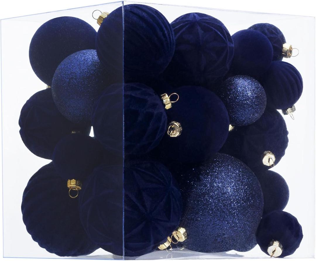Velvet Christmas Ball Ornaments - Navy Blue Christmas Tree Decorations 36pcs Shatterproof Set with 5 Styles in 3 Sizes (Small, Medium, Large) (Mixed)
