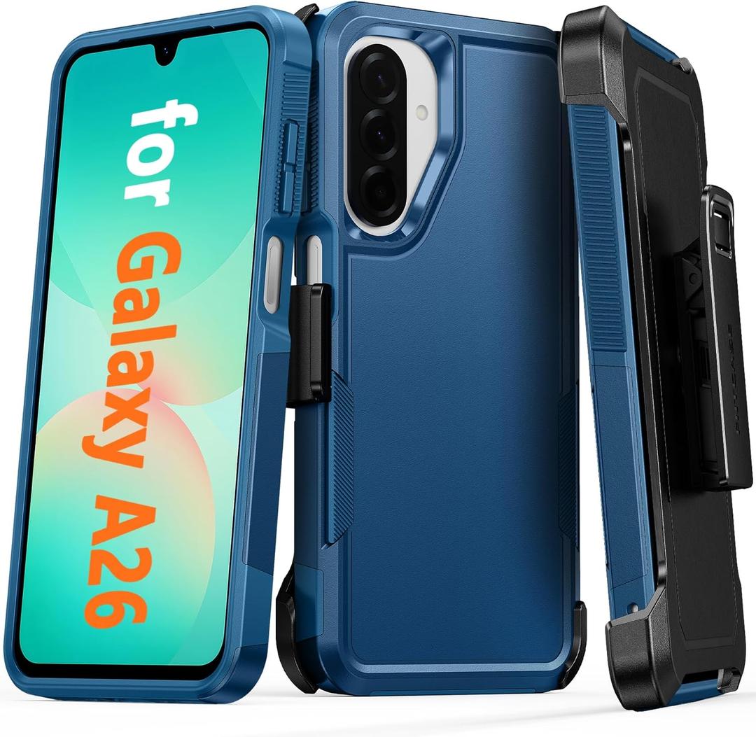 FNTCASE for Samsung Galaxy A26-5G Case: Heavy Duty Drop Protection with Rugged Belt-Clip Holster & Kickstand Military Grade Shockproof Durable Protective Cell Phone Cover (Blue)