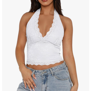 REORIA Womens Sexy V Neck Lace Halter Backless Going Out Double Lined Y2K Trendy Cropped Tank Tops L
