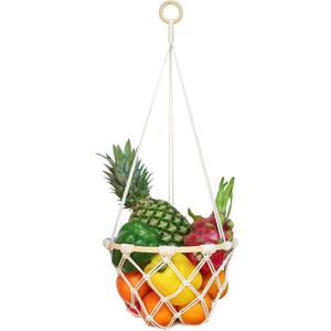 Single Tier Macrame Hanging Fruit Basket, Boho Vegetable Holder for Kitchen Food Storage with Hook, Bohemian Cotton Produce Organizer, Plant Hanger Decor for Home Bathroom Bedroom Women Christmas Gift