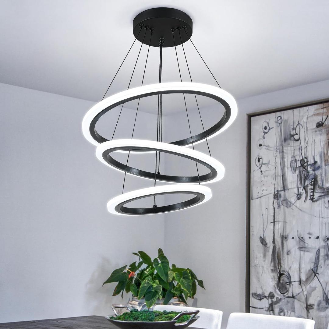 O'NEELDY Modern 3 Ring LED 52W Black Pendant Light with Irregular Ring Lights Adjustable Hanging Lamp for Dining Room Bedroom Kitchen Island Cafe, 16 inches x 16 inches x 47 inches