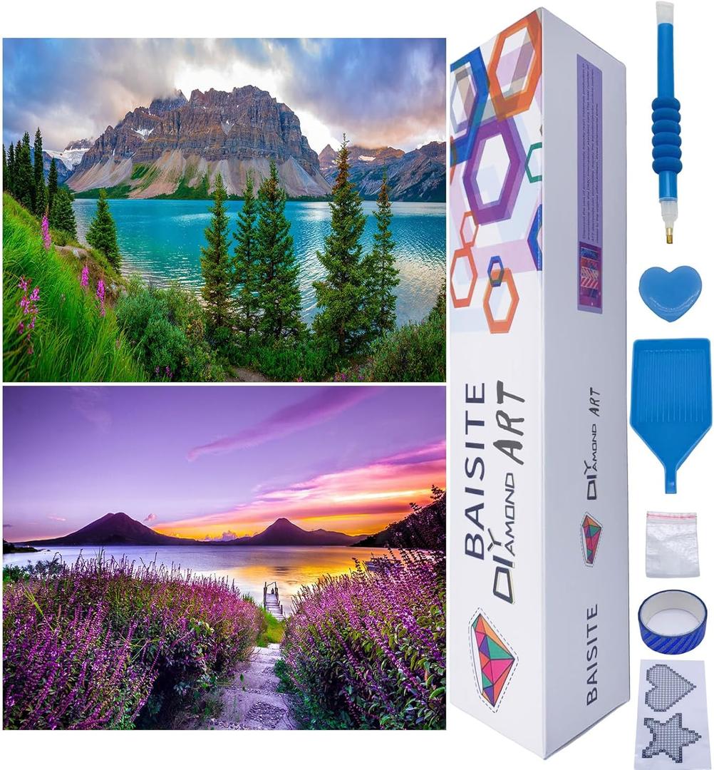 BAISITE Diamond Art Kits for Adults Beginners,2 Pack Round 5D Paint with Diamonds Pictures Full Drill Cross Stitch Home Wall Decor DIY Crafts Kits(12x16 Inches) BSTDPK809-810