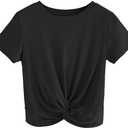MakeMeChic Women's Summer Crop Top Solid Short Sleeve Twist Front Tee T-Shirt (Medium, Black)