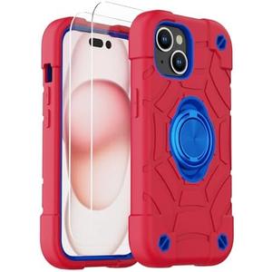 KCJ Compatible with iPhone 15 Case with[2×Screen Protectors+1xLens Protector][Ring Stand] Soft Silicone+Hard PC Full Body Protection Phone Shell Durable Rugged Case for iPhone 15 6.1"