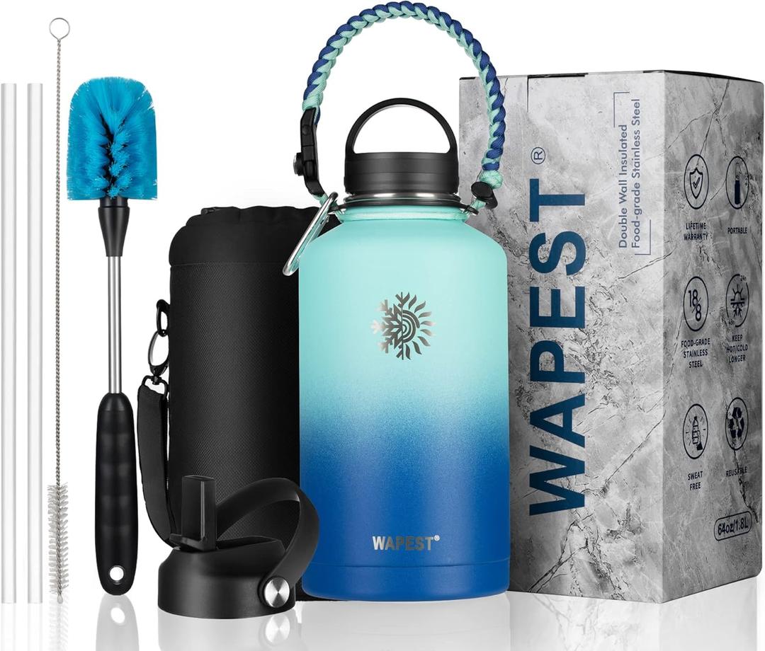 Water Bottle 64 oz with Paracord Handle & Cleaning Brush, Half Gallon Double Wall Vacuum Metal Stainless Steel Insulated Water Flask with 2 Lids and Carrying Pouch, Leakproof and BPA-Free, Mint&Cobalt