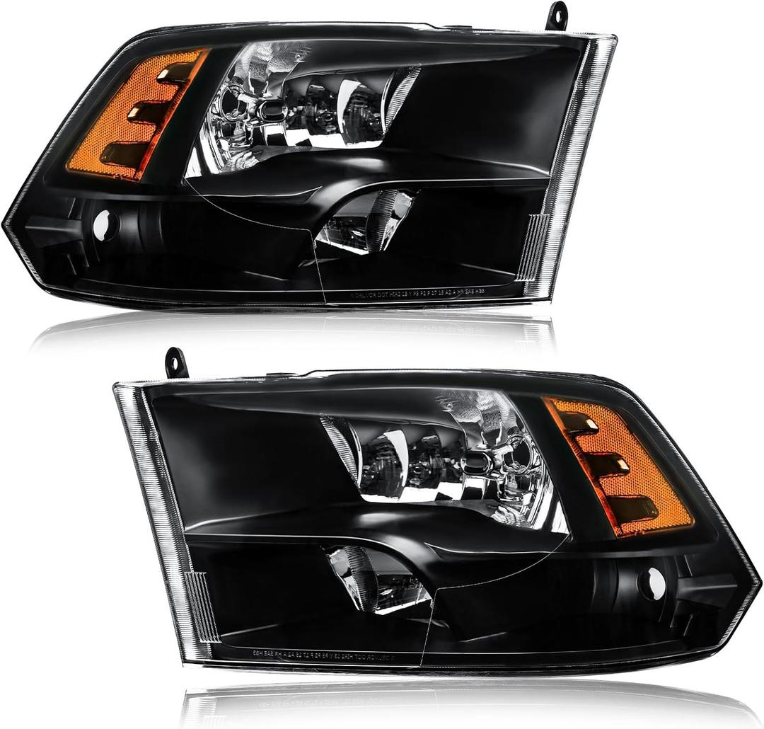 Headlights fit 09-18 Dodge Ram 1500/10-18 Dodge Ram 2500 3500 4500 5500 (Only Fit Factory Quad Style Halogen Headlamp) Black Housing Amber Reflector