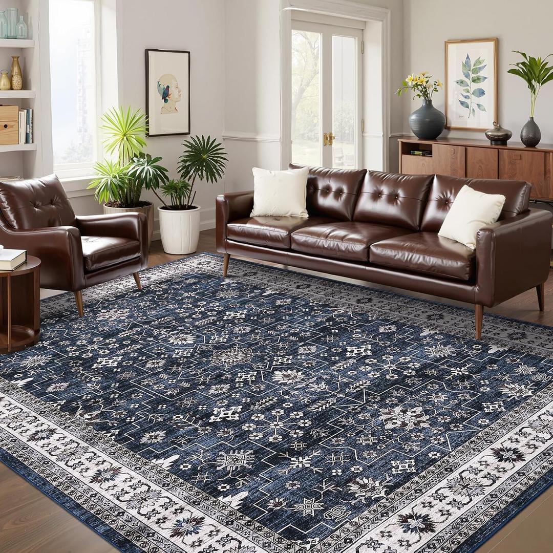 GarveeHome Large Area Rugs 9x12 for Living Room, Vintage Tribal Washable Rug Soft Non Slip Backing Floor Mat Carpet Indoor Thin Traditional Rug for Bedroom Dining Room Playroom Nursery Home Decor (Navy)