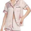 Victoria's Secret Satin Pajama Set, Short Sleeve Button Down & Shorts, Pajamas for Women, Pink Iconic Stripe, XXL (Pink, XXL)