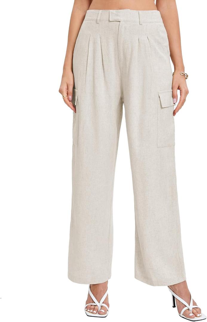 Famulily Womens Pleated Cargo Pants Summer Wide Leg Linen Trousers Casual Loose Pants Beige XXL (XXL)