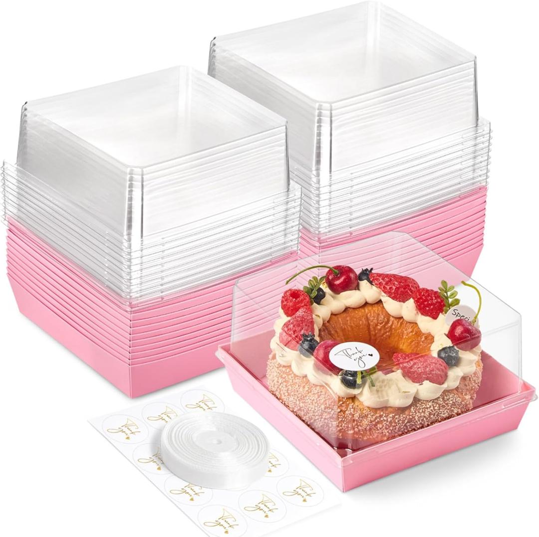 Ocmoiy 7x7x4 Inches Pink Paper Cake Boxes with Clear Lids for 6 Inch Cakes, 20 Pack Square Disposable Cake Bakery Take Out Containers, To Go Dessert Boxes