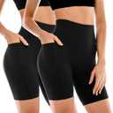 Leafigure 2 Pack Womens Biker Shorts with Pockets, High Waisted Tummy Control Yoga Shorts for Women Running Gym and Workout Black, L-XL