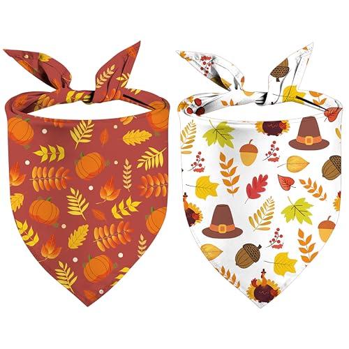 Thanksgiving Dog Bandanas Fall Leaves Reversible Triangle Bibs Dog Scarfs Autumn Double Sided Puppy Pet Kerchief 2 Pack (Thanksgiving-01)