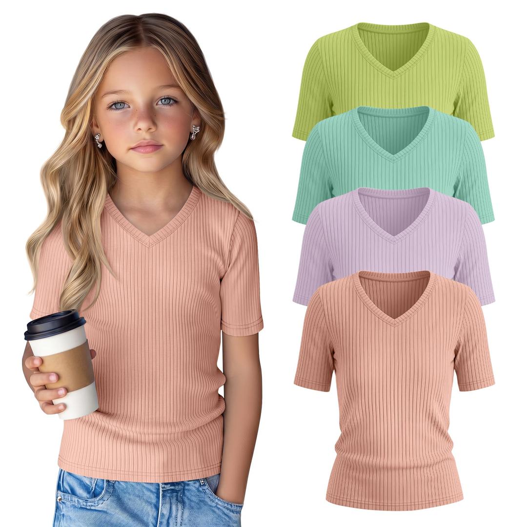 YooAurvox 4 Pack Girls Short Sleeve T Shirts, 4-Color Set, 11-12 Years