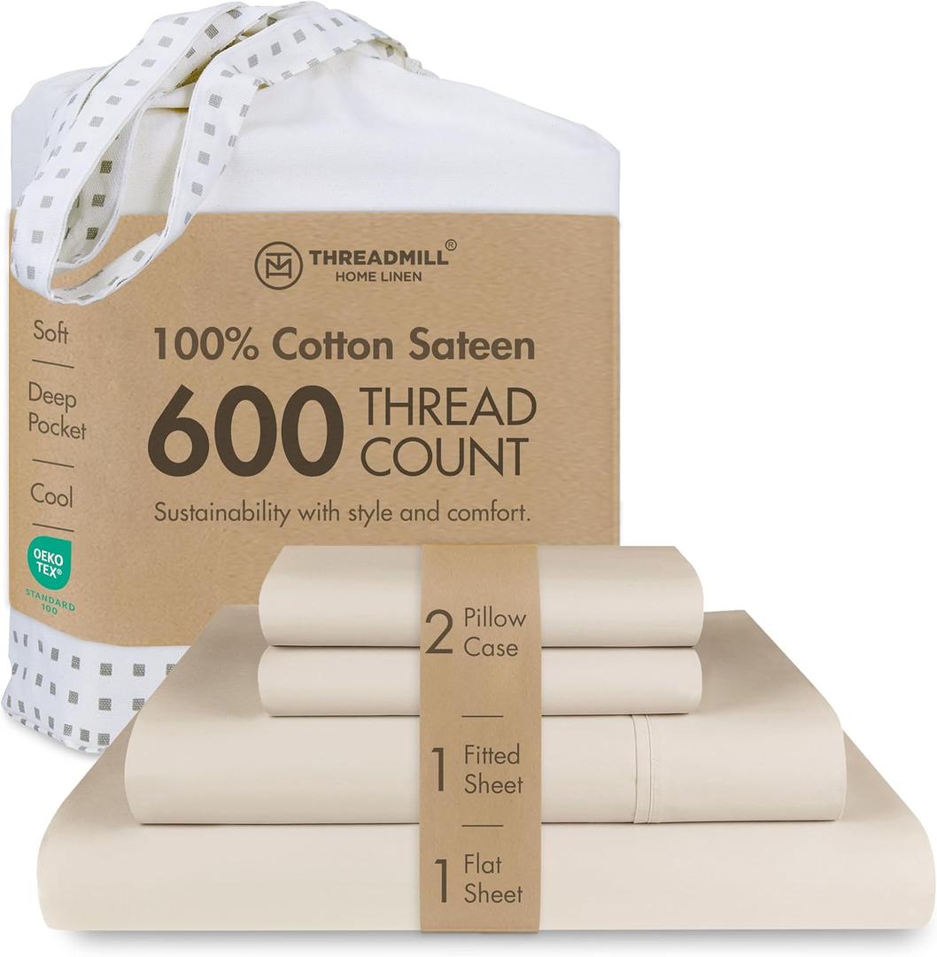 Threadmill 100% Cotton Sheets for Queen Size Bed - 600 Thread Count Queen Bed Sheets Set with 16 Deep Pocket - Sateen Weave 4-Piece Bedding Set with Cooling Effect, Beige (Light Beige Solid)