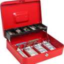 Cash Box with Money Tray and Key Lock, Parrency Large Money Box, 5 Compartments for Cions & 4 Spring-Loaded Clips for Bills, 11 4/5" x 9 2/5" x 3 1/2", Red