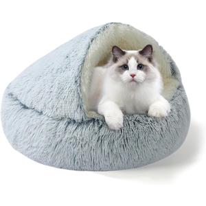 YUDANSI Calming Cat Beds for Indoor Cats - Plush Fluffy Hooded Cave Nest, Anti-Slip Self-Warming Pet Beds, Washable Built-in No-Collapsing Support (Grey-50cm/20in)