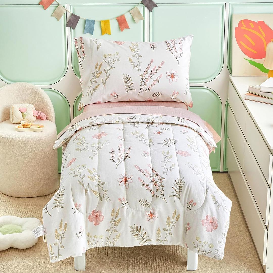 Joyreap 4 Piece Cotton Toddler Bedding Set for Girls, Pink Flowers Reversible Design, Soft Breathable Cotton Toddler Comforter Set, (42" x 57"), Fitted sheet (28" x 52" x 8"), Flat sheet (45" x 60"), Pillowcase (20" x 30")