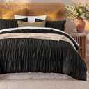 Bedbay Black Ruched Comforter Set King Size,100% Cotton Boho Bedding Set,Black Cinched Fluffy Comforter for Bedroom,3 Pcs Vintage Ruffle Bedding Aesthetic Room Decor for All Seasons