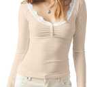 Women's Long Sleeve Lace Scoop Neck Shirts Ribbed Casual Slim Fitted Basic Tee Tops (M)