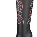 Women Western Knee High Boots Embroidered Chunky Block Heel Cowboy Boots Pointed Toe Pull on Cowgirl Boots (8.5, Black)