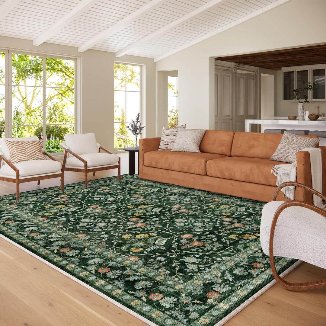 Vintage Botanical Dark Green Area Rug 8x10 Elegant Floral Pattern, Durable Stain-Resistant Fabric, Perfect for Living Room, Bedroom, Dining Room Decor (Teal)