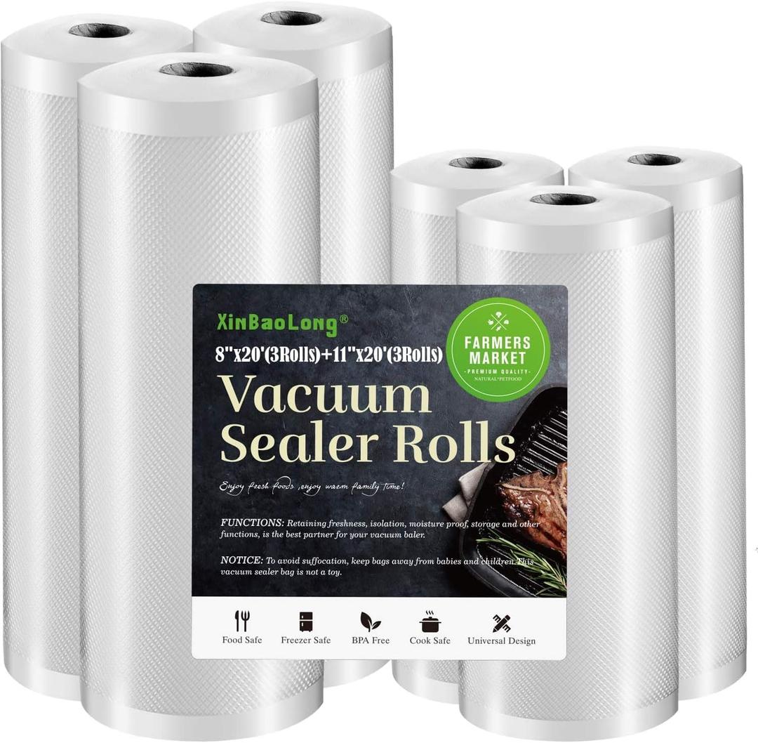 Vacuum Sealer Bags For Food: 6 Pack 3 Rolls 11" x 20' + 3 Rolls 8" x 20' - Commercial Grade BPA Free Bag Rolls - Durable Cut-to-Length Food Vac Bags for Sous Vide Cooking Puncture Prevention