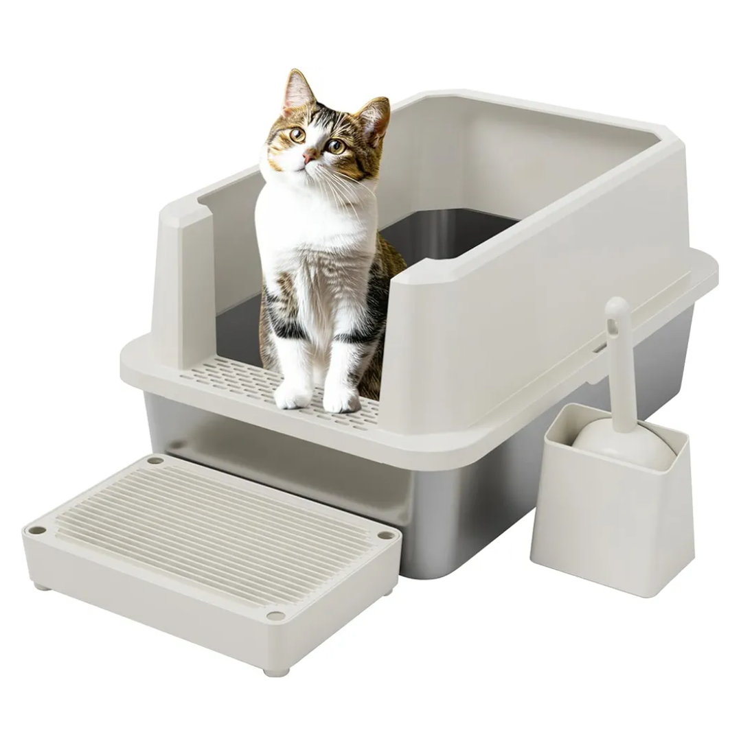 RIZZARI Open Cat Litter Box: Large Beige Stainless Steel Litter Pan 23.8" x 15.9" x 12.4" - High Sided Splash-Proof Easy Clean Toilet for Cats up to 20 lbs - Ideal for - Laundry Areas - Apartments
