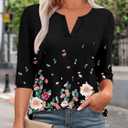 KISSMODA 3/4 Length Sleeve Shirts for Women Floral Business Shirts Tops Blouses Tops Loose Fit T-Shirts (Black, XXXL)