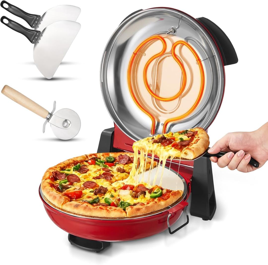 VEVOR Pizza Oven, 12 in Electric Pizza Maker, 1200W Electric Pizzas Cooker with Cordierite Stone, 5-Mode Temperature Control, Viewing Window for Precise Cooking, Heats up to 788 F, for Home (Red)