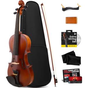 Pyle 1/4 Size Beginner Violin Starter Kit, Violin Starter Package with Travel Case & Bow, Extra Strings, Digital Tuner, Shoulder Rest & Cleaning Cloth for Students, Kids, Adults