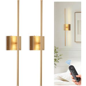 DORESshop Battery Operated Wall Sconces Set of 2, Dimmable Battery Wall Sconce with Remote Control, Gold 350Rotate Rechargeable Sconces, 28.1 Inch Wireless Wall Lights for Bedroom, Living Room