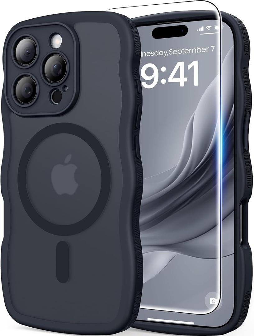 3 in 1 Magnetic for iPhone 16 Pro Max Case, Cute Wavy [Full Camera Protection] [Fit for MagSafe] 1X Screen Protector+1X Wrist Strap, Anti-Slip Women Girly Case for iPhone 16 Pro Max 6.9", Space Black