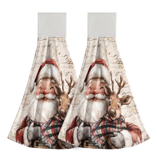 Giwawa Vintage Xmas Kitchen Hand Towels Set of 2, Santa Claus Reindeer Hanging Tie Towel, Winter Snowflakes Deer Dish Tea Bar Loop Hook Towel Washcloth for Bathroom Laundry Room Decor
