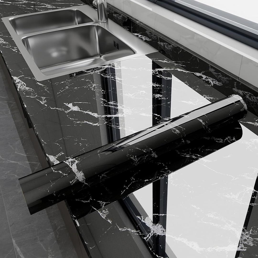 Glossy Marble Contact Paper Peel and Stick Wallpaper 17.7"x197" Black