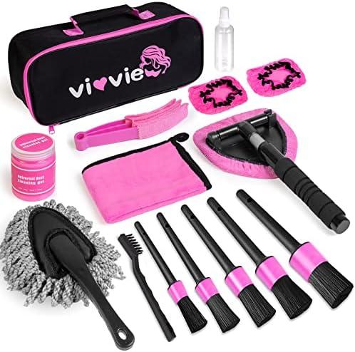vioview Pink Car Cleaning Kit, Car Detailing Kit Interior Cleaner with Windshield Cleaning Tool, Detailing Brush Set, Cleaning Gel, Car Cleaning Supplies for Windows, Dashboard, Air Vents