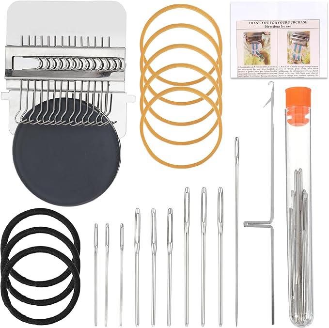 Mini Loom Machine Kit, Gray Wooden Weaving Tool with Stainless Steel Needles and Rubber Band, Loom Type Weave Tool for Beginners, Quickly Mending Jeans, Mending, Socks, Clothes