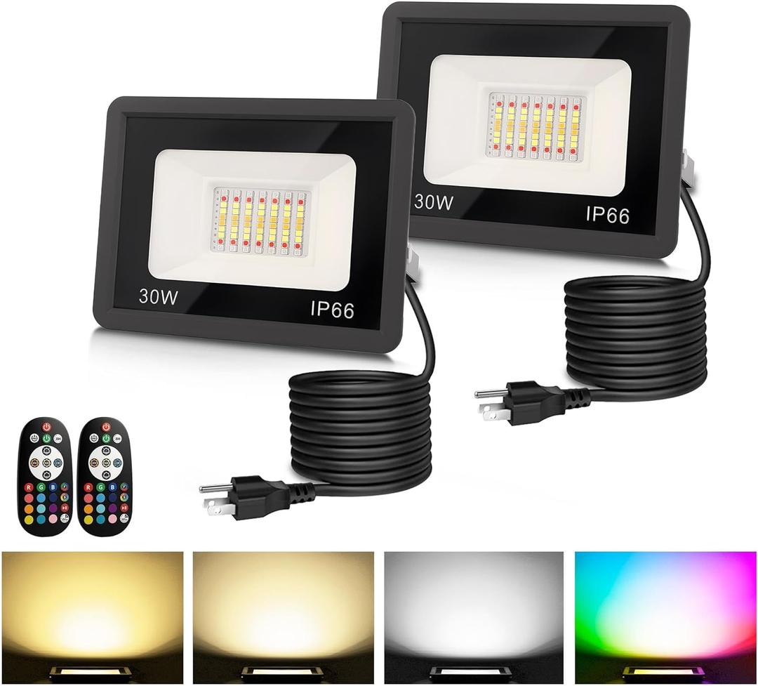 L LOHAS LED 30W Flood Light Outdoor, RGB Landscape Lighting with Remote Control, Timing - 2700K/4500K/6500K - Color Changing for Patio Backyard Step Wall, IP66, US 3-Plug, UL Listed (2 Pack)