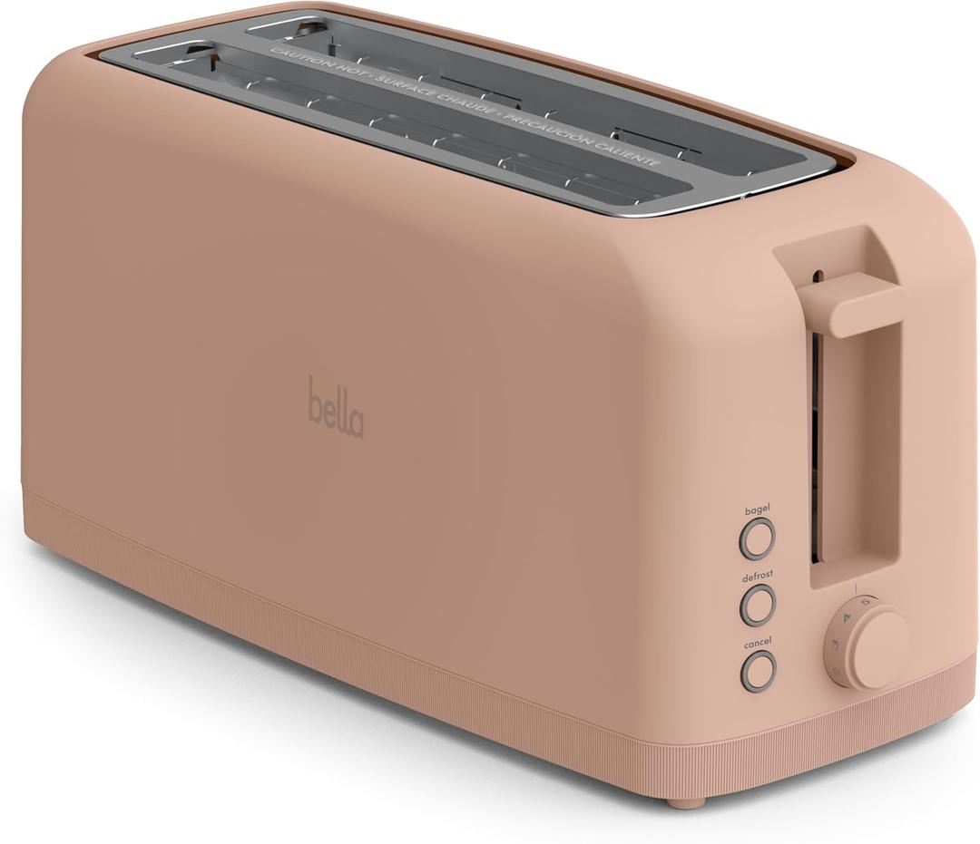 bella 4 Slice Slim Toaster, Fitsanywhere™ Kitchenware, 6 Setting Shade Control with Reheat & Cancel Buttons, Fits Sourdough, 10” Long Slot, Anti Jam & Auto Shutoff, 900 Watt, Blossom